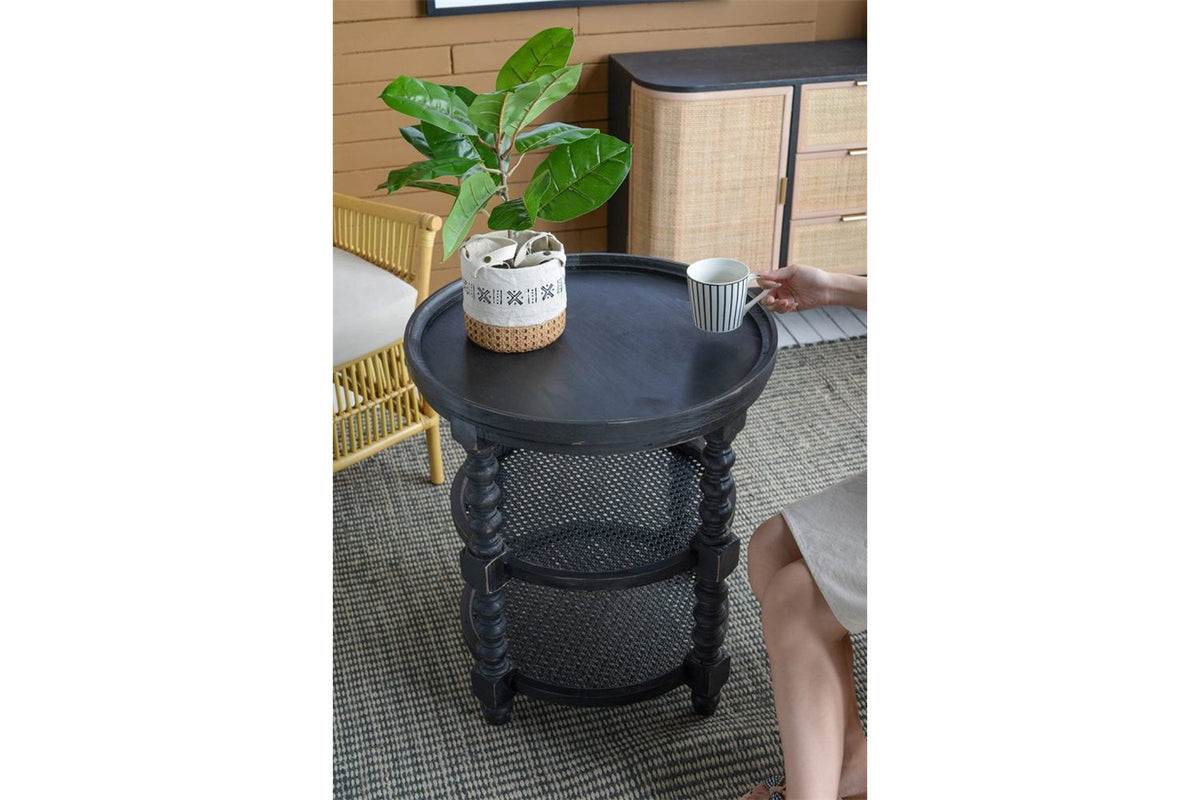 Round Three-Tier Side Table with Rattan Shelves