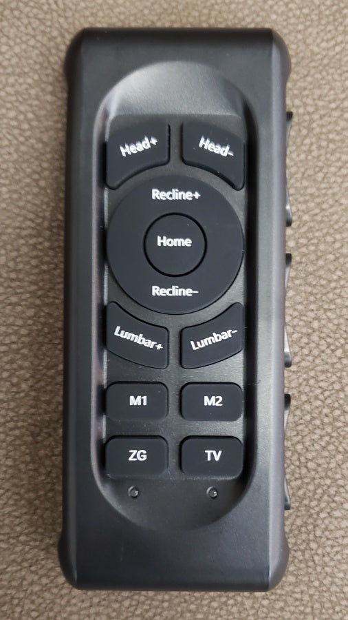 Wireless remote control for seat with button for adjusting headrest, lumbar support, and recline position.