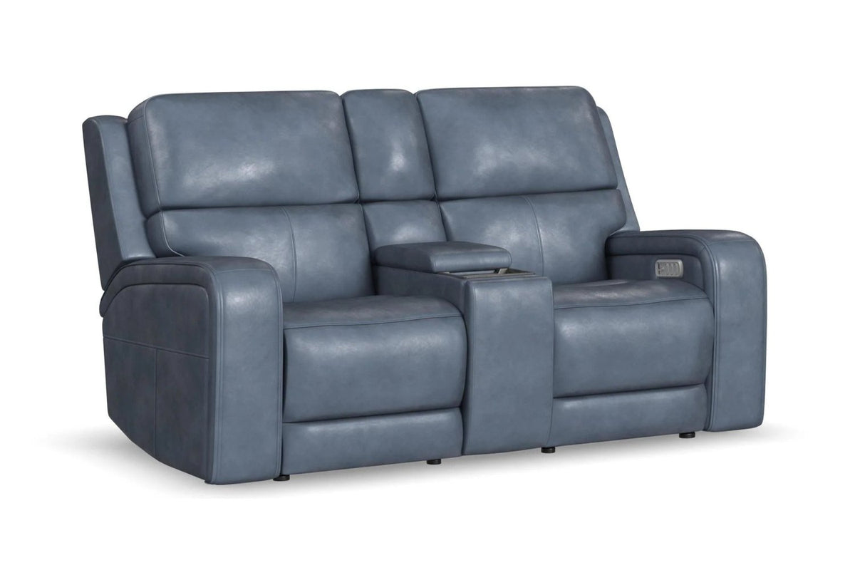 Oasis Storm Leather Power Reclining Console Loveseat with Heat and Massage